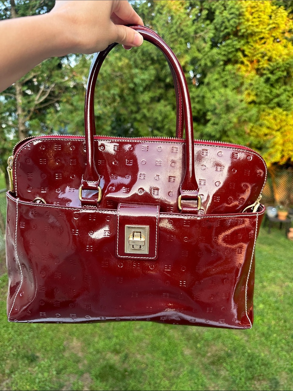 Arcadia Patent Leather Satchel Handbag in Deep Burgundy